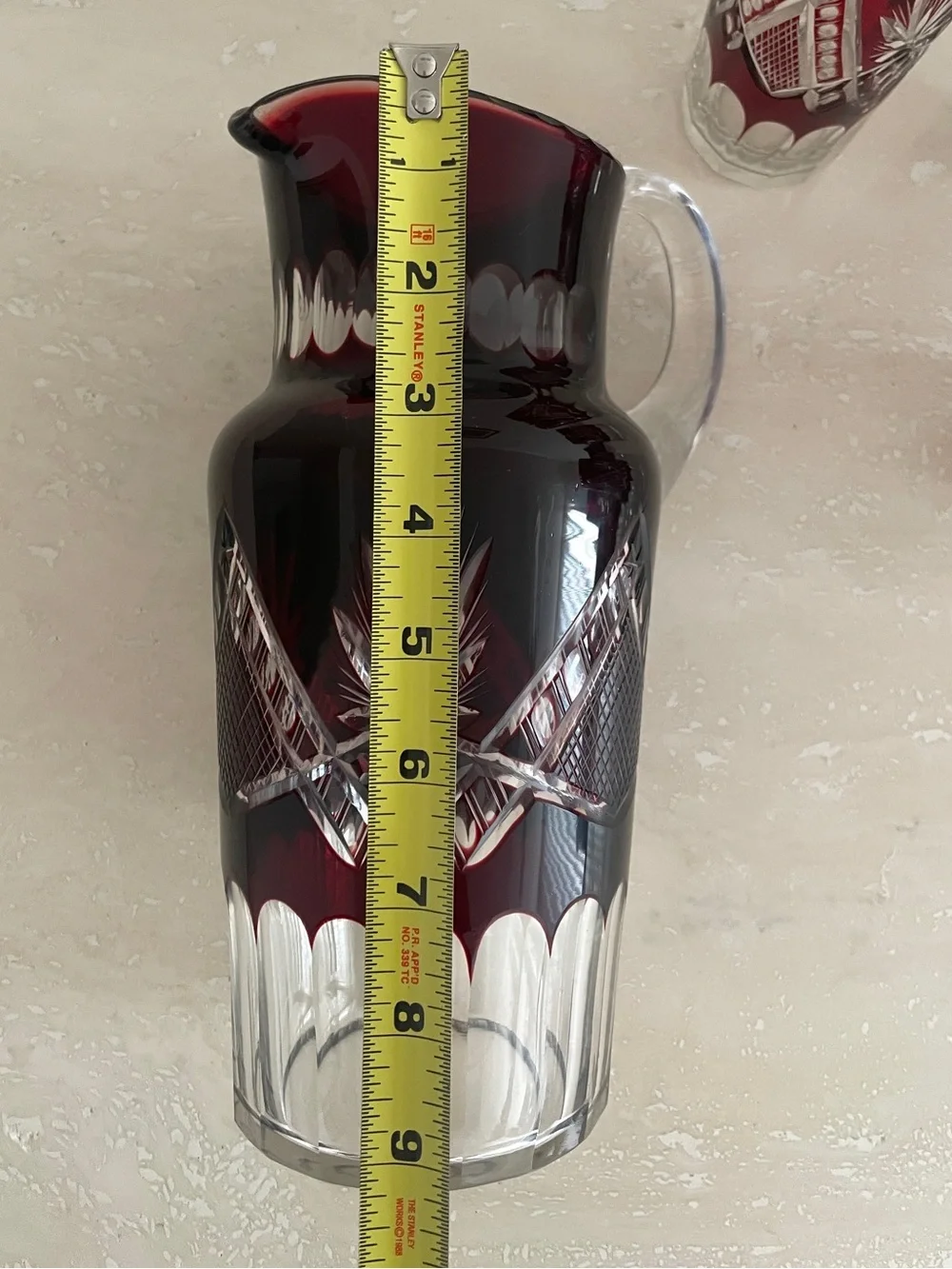 Vintage Bohemian Ruby Red Cut to Clear Pitcher & Glass Glassware Set of 6 Pieces